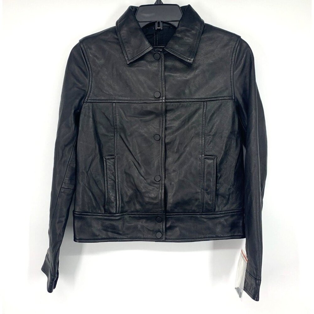 Zara Jacket Black 100% Sheep Leather Moto Button Snap NWT